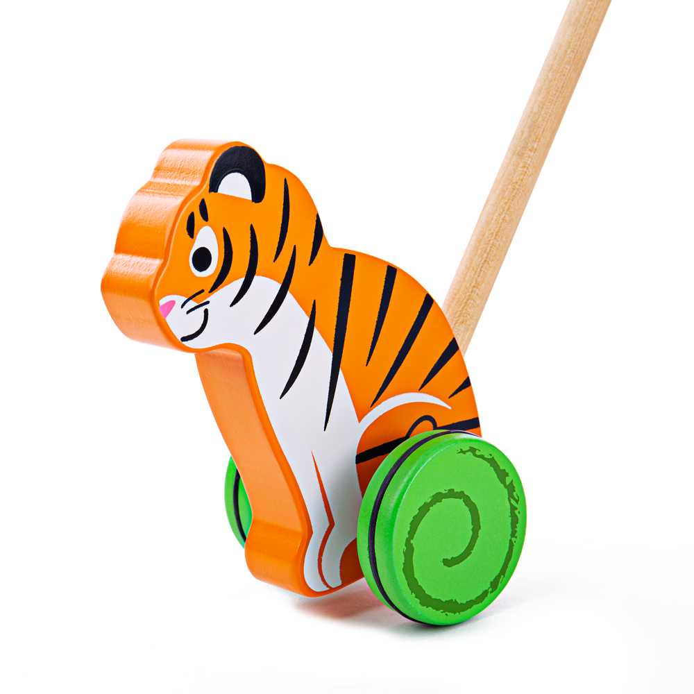 Bigjigs Toys Wooden Tiger Push Along Walker Walking Mobility Baby