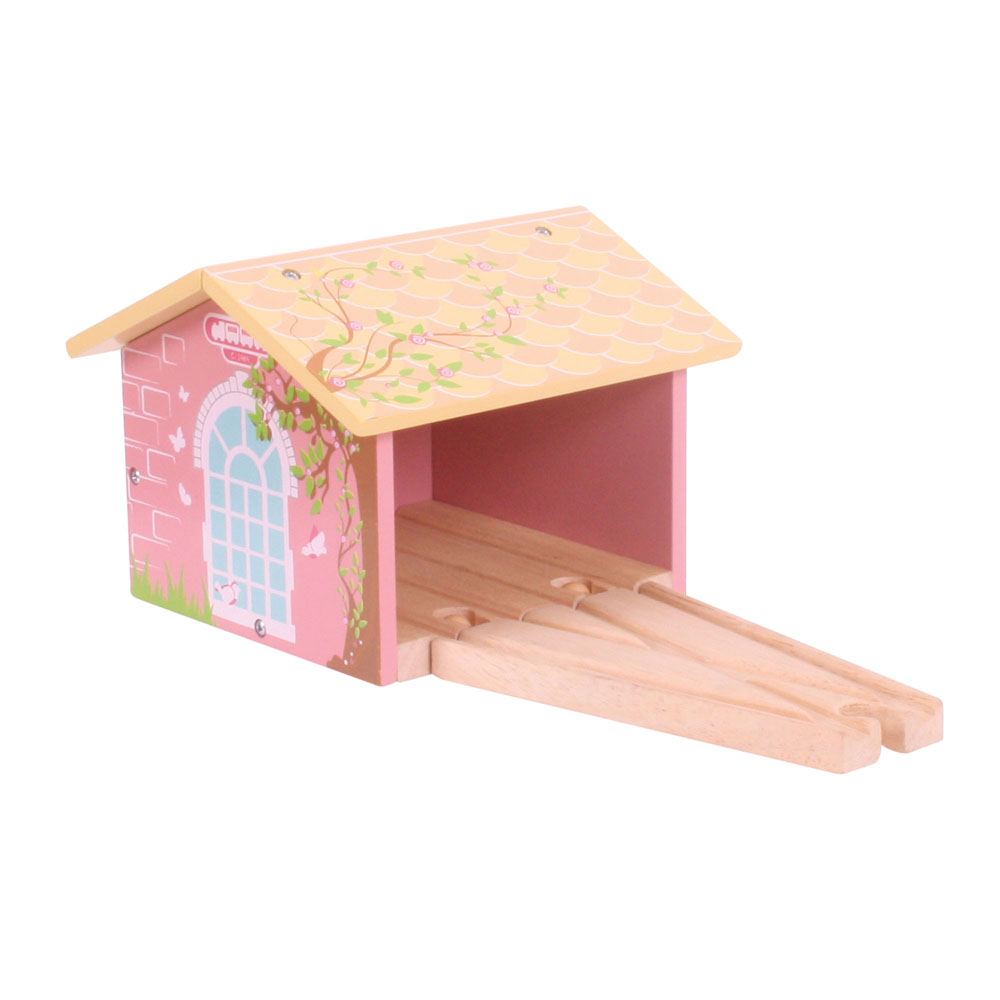 Bigjigs Rail Wooden Pink Double Engine Shed Train Track Play Set Pink Double Engine Shed